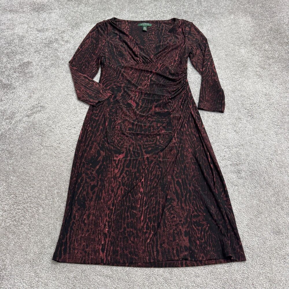 Lauren Ralph Lauren Animal Print Ruched Sheath Dress Womens 2 Burgundy Black Fit